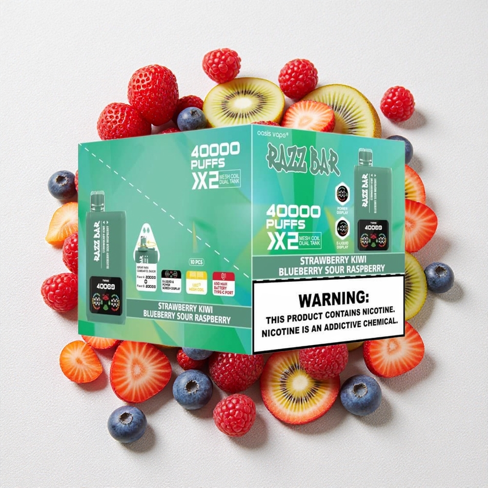 Fragola Kiwi_Mirtillo Lampone Acido Razz Bar 40000 Puffs Schermo Potenza Tipo-C Porta